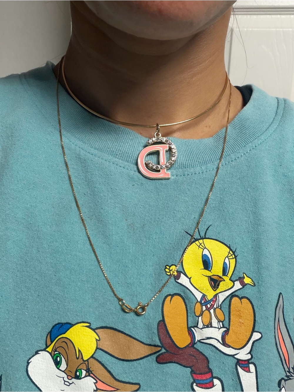 Dior Gold Choker with Pink Enamel 'CD' Pendant and Crystal Accents
